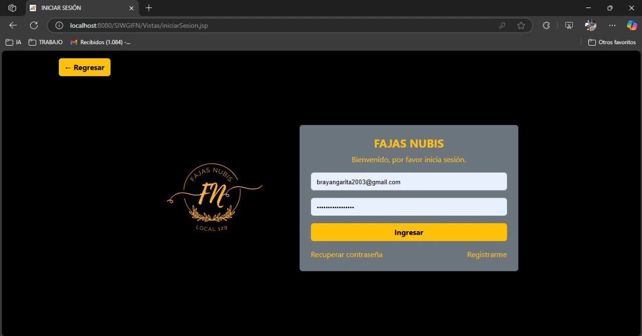 Vista login Pantalla de inicio de sesión del sistema Fajas Nubis